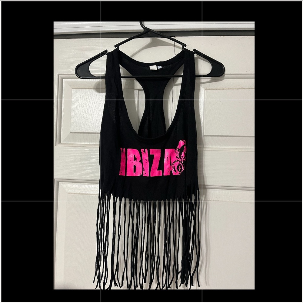 Black/Hot Pink Ibiza Racerback Fringe Crop Top